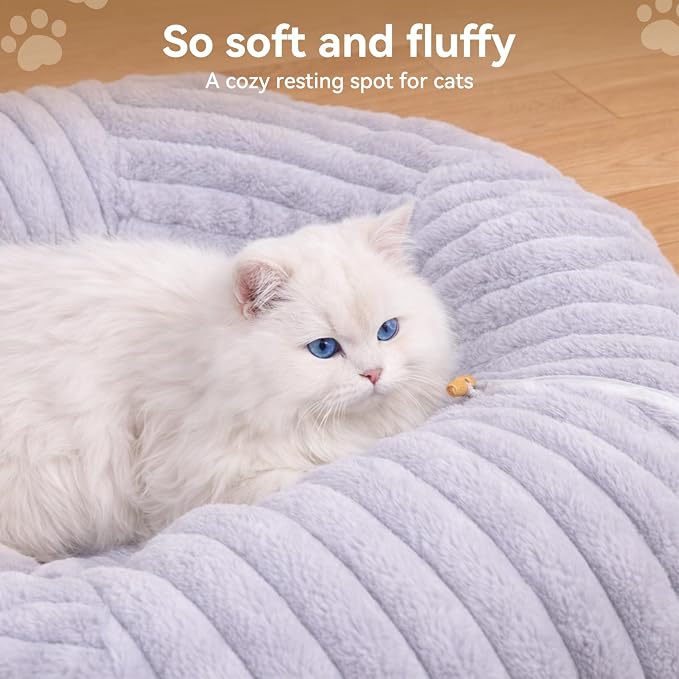 Dogpals Cat Tunnel Bed Cave 33" Lx10 Wx10 H for Indoor Cats(Grey) | Washable Cozy Cushion, Soft Striped Plush Fabric, Hideaway Peekaboo Cave for Kittens, Puppies, Rabbits & Small Pets