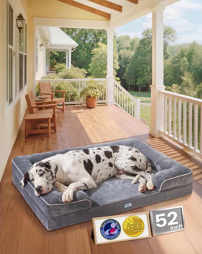 OhGeni Orthopedic Jumbo Sized Dog Bed Couch, Memory Foam, 52-inch (Gray) | Waterproof Pet Bed with Machine-Washable Removable Cover & Soft Comfortable Fabric
