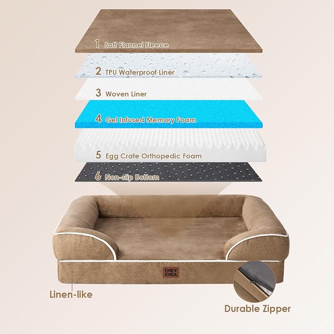 EHEYCIGA Orthopedic Dog Beds Large Sized Dog, Waterproof Washable Pet Bed | Non-Slip Bottom and Egg-Crate Memory Foam XL Dog Couch Bed with Washable Removable Cover, Camel, 41Inch