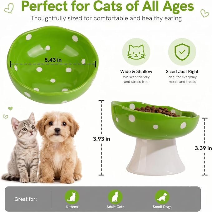 Green Mushroom Cat Bowl, Elevated Ceramic Bowl for Cats | Elevated, Ceramic, Whisker Friendly, Wide Opening, Anti Vomiting