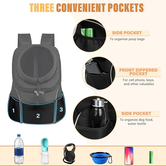 YUDODO Dog Front Carrier Backpack, Adjustable Breathable Dog Backpack | Ventilated, Safety Belt, Lightweight, Reflective Strip, Pocket Storage, For Walking Hiking Outdoor, Jet Black, M