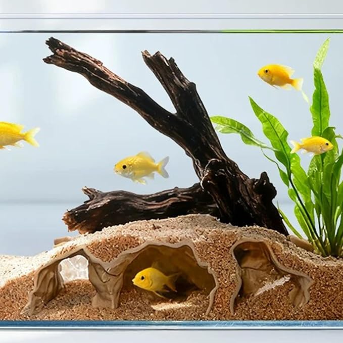 LIYAOLI 3D Printed Aquarium Cave Tunnel with Viewing Ports | Fish Tank Decor Hideout for Pleco,Fish Shrimp and Betta & Corydoras with Multiple Caves for Fish Tank Aquascape Decoration (M - Sand Color)