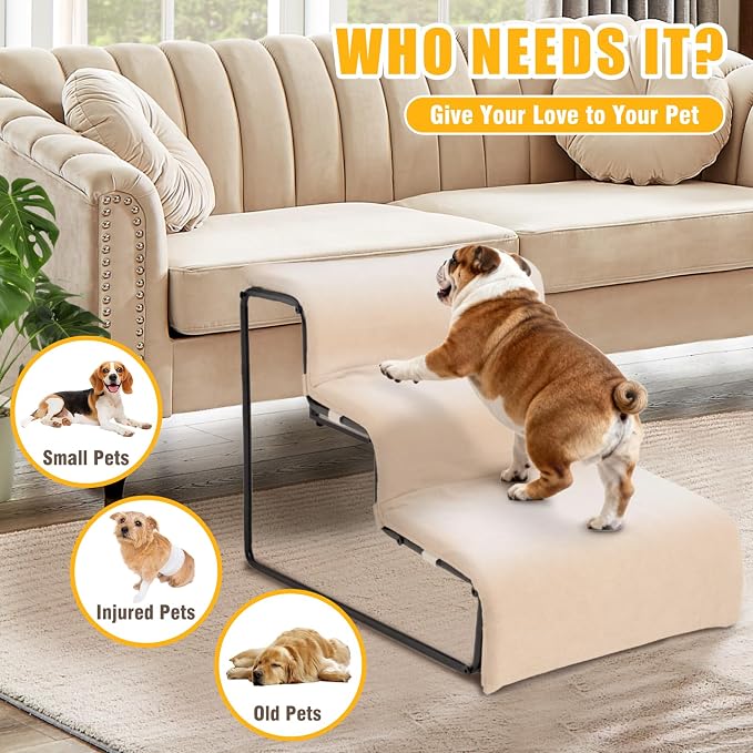 3-Step Pet Stairs with Soft Cushions for Small & Medium Pets Easy Climbing to Bed, Chair, Sofa, Windowsill Sturdy & Safe Design (Pet Stairs Only)