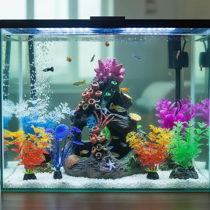 PINVNBY 5 PCS Colorful Coral Fish Tank Decorations, Resin Mountain Ornament and Artificial Plastic Plant for Goldfish Betta Fish Cave Hideout Sleep Rest Play Breed