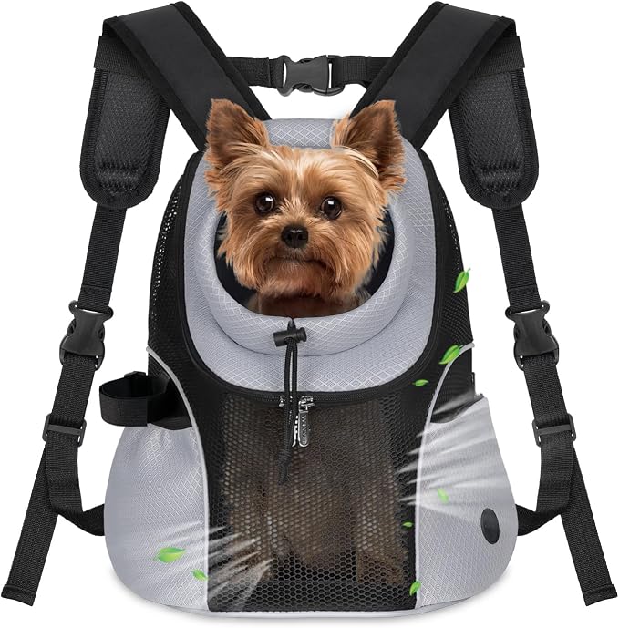 WOYYHO Pet Dog Carrier Backpack, Ventilated Mesh Small Dog Front Backpack | Breathable Puppy Back Pack, with Safety Belt, Storage Pockets, for Travel Hiking Cycling Outdoor Adventures, Grey, S