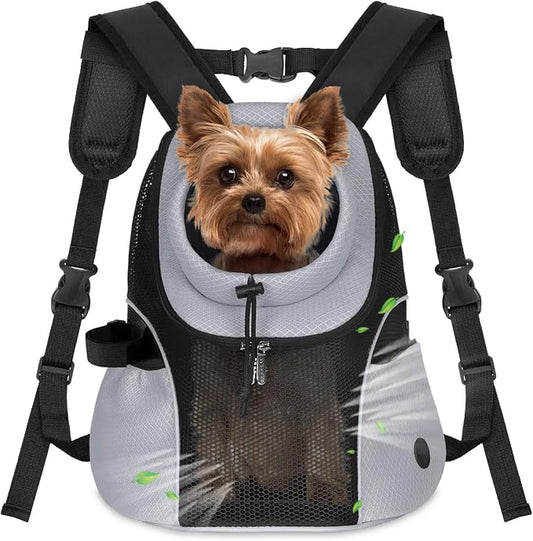 WOYYHO Pet Dog Carrier Backpack, Ventilated Mesh Small Dog Front Backpack | Breathable Puppy Back Pack, with Safety Belt, Storage Pockets, for Travel Hiking Cycling Outdoor Adventures, Grey, S