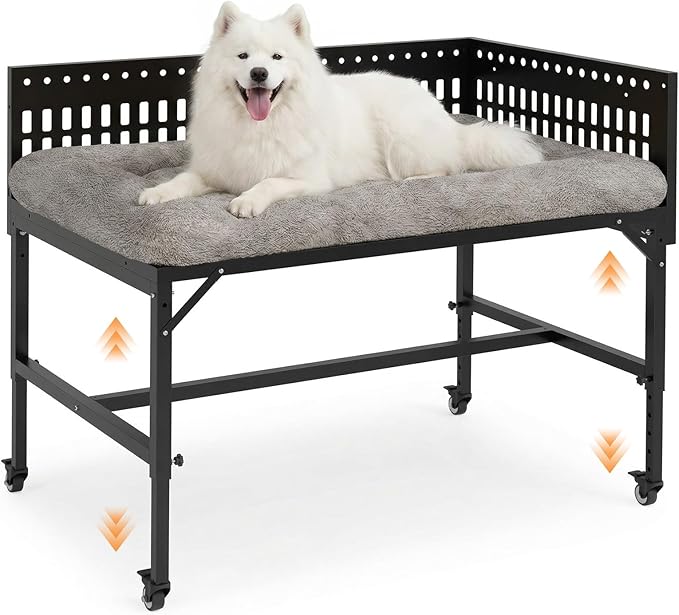 Beside Dog Bed,2 Panels Adjustable Height Dog Bunk Beds,47.2”x30.7” Metal Frame & Cushion, Converts to Bunk Bed or Bed Extension Attachment for Human Bed, for Large Breeds