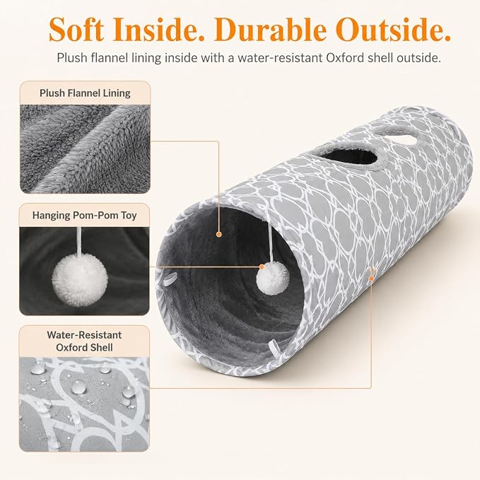 Geometric Straight Cat Tunnel with Plush Inside,Cats Toys Collapsible Tunnel Tube with Balls, for Rabbits, Kittens, Ferrets,Puppy,Diameter 11.8 Inch