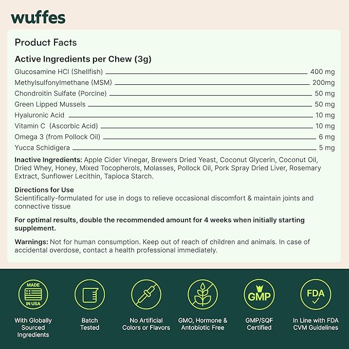 Wuffes Advanced Dog Hip and Joint Supplement with Glucosamine, Chondroitin, Omega 3, MSM, and Green Lipped Mussel, 120 Pork Flavored Chews for Small Dog Breeds