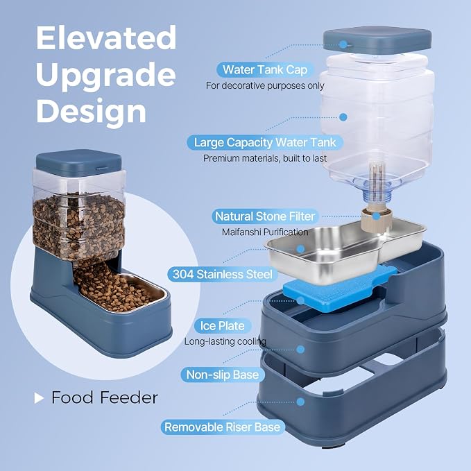 Automatic Cat Feeder and Water Dispenser with Stainless Steel Bowl with Ice Pack Gravity Food Feeder and Waterer Set Feeding Raised Bowls with Filter for Dog 1.3 Gallon x 2(Blue)