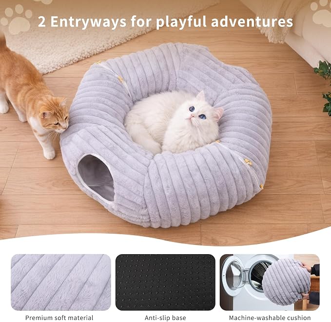 Dogpals Cat Tunnel Bed Cave 33" Lx10 Wx10 H for Indoor Cats(Grey) | Washable Cozy Cushion, Soft Striped Plush Fabric, Hideaway Peekaboo Cave for Kittens, Puppies, Rabbits & Small Pets