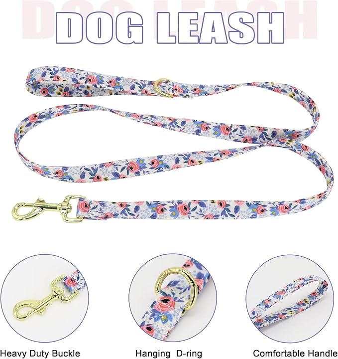 Beirui Cute Dog Collars,Harnesses,Leashes Set, Floral Pattern, Blue,M | Girl Dog Harness Set with Flower, Adjustable and Soft Mesh Lining, For Medium Dogs Daily Walks