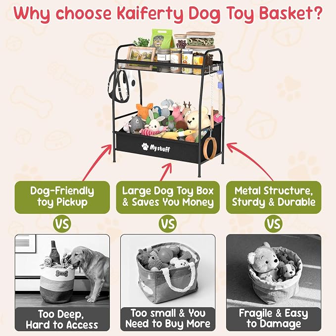 Kaiferty Large Dog Toy basket, Toy Box for Dogs, Pet Toys Bin Dog Metal Wire Basket for Toys, Food Storage, Storage Organizer Chest Storage, Toy Box for Living Room Area (Black)