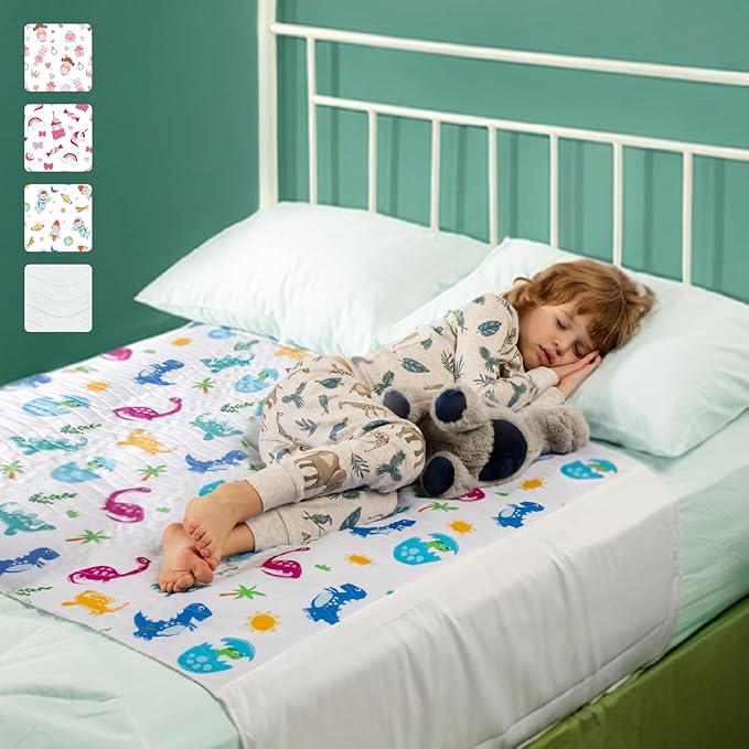 IMPROVIA® Pee Pads for Kids - Bed wetting Pads for Kids Potty Training Bed mats for Toddlers Waterproof Reuseable Washable Absorbent, Non Slip - Dino Design - Full Size 34”x52
