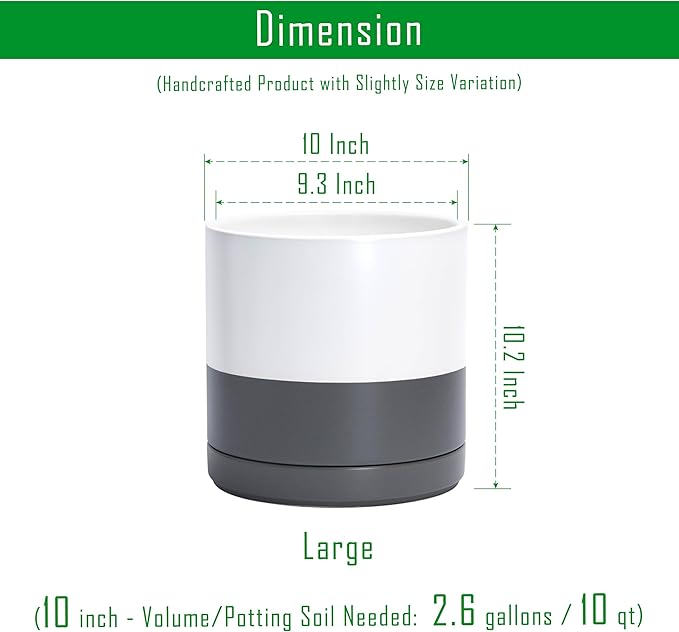 D'vine Dev 10 Inch Ceramic Planter Pot, White/Grey, 94-O-E-6 | Modern Cylinder Design, Drainage Hole & Saucer Included, Stable Structure, Elegant Home Accent