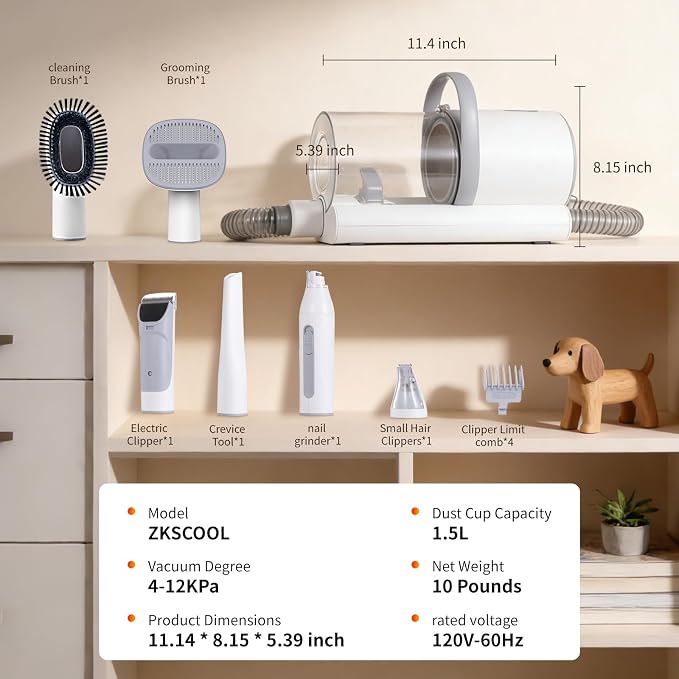 Dog Grooming Vacuum, 12000Pa Powerful with 1.5L Cup 7 in 1 Pet Electric Grooming Vacuum for with Hair Clipper & Shedding Brush, Low Noise, 3 Suction Levels for Thick Hair Cats & Dogs