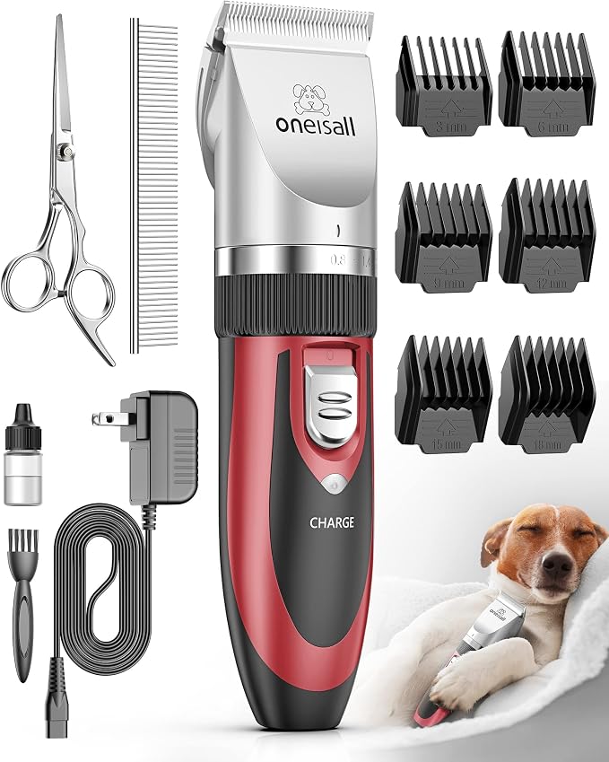 oneisall Dog Clippers Low Noise Grooming Kit for Dogs Cats Pets | Low Noise, Cordless & Long Battery Life, Simple for Beginners, 6 Guide Combs, Removable & Rinsable Blade