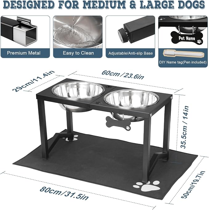 Elevated Dog Bowls, Metal Raised Dog Bowl Stand with 2 Thick 111oz Capacity Stainless Steel Food Bowls & Non-Slip Mat - 14" Tall for Large/Extra Large Breeds