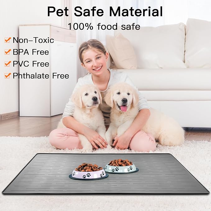 48" x 32" Largest Pet Food Mat, XXXL Silicone Dog Mats for Food and Water, Nonslip Pet Feeding Mats for Floors,Dog Cat Bowl Mat with Raised Edges, Gray Blue