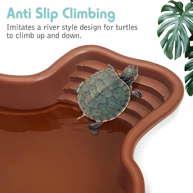 kathson Large Turtle Pool with Ramp and Hose, Tortoise Water Bowl Reptile Bathing Tub Amphibians Feeding Accessories for Bearded Dragon Lizard Frog Snake Gecko Scorpion Habitat (Brown)