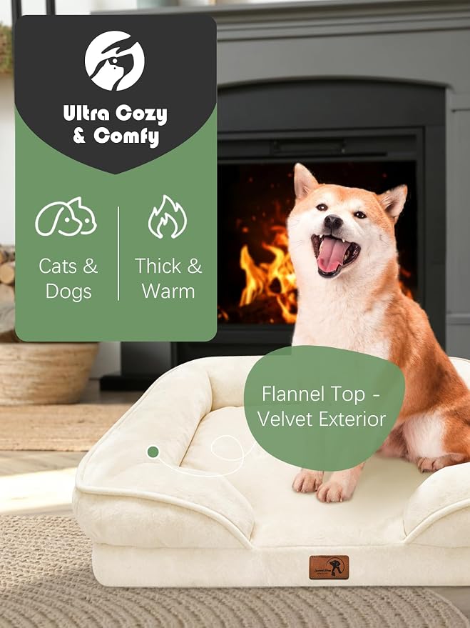 Spotted Play Orthopedic Dog Bed with Sides - Sofa Beds for Medium Dogs, Supportive Foam Pet Couch Bed with Washable Removable Cover, Waterproof Lining and Non-Slip Bottom, Ivory - M