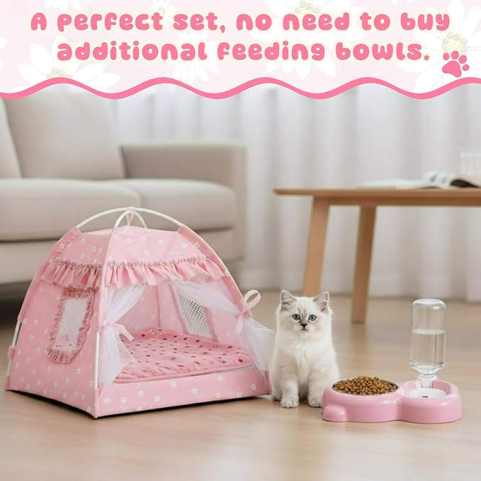 BreezeHug Cat Tent Bed with Bowl Water Dispenser Washable Cushion Blanket, Pink Princess Indoor Pet House Small Dog Bed Puppy Nest for Kitten Teacup Chihuahua Yorkie Maltese, 13.78 x 13.78 x 13.78 in
