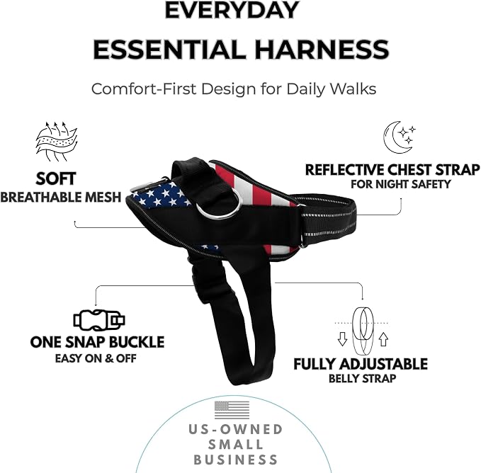 ShawnCo Essential Dog Harness, No-Pull Pet Vest (Stars and Stripes,S) | 3 Leash Clips, Easy On, No-Choke, Reflective, Adjustable Fit, Padded Comfort, Control Handle, For Small, Medium & Large Dogs