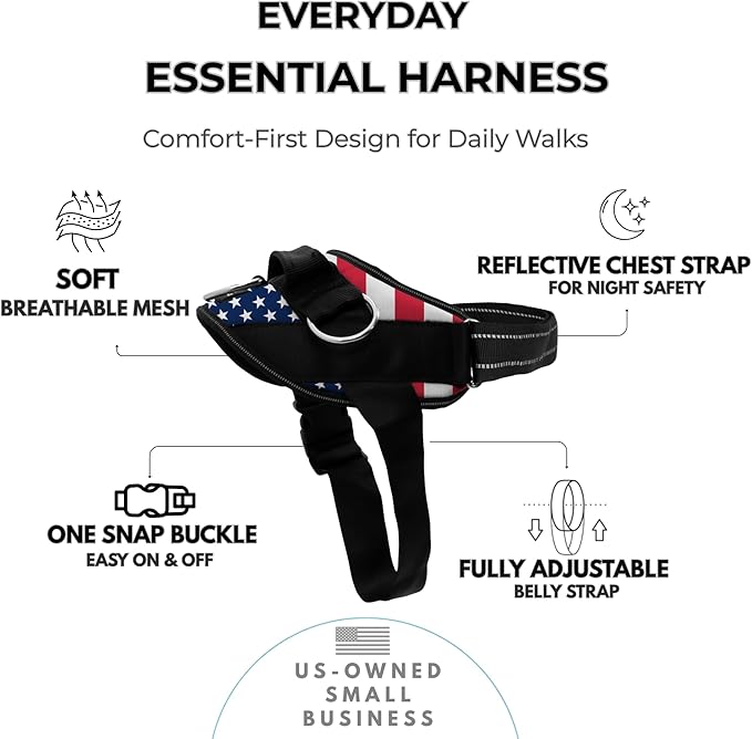 ShawnCo Essential Dog Harness, No-Pull Pet Vest (Stars and Stripes,XS) | 3 Leash Clips, Easy On, No-Choke, Reflective, Adjustable Fit, Padded Comfort, Control Handle, For Small, Medium & Large Dogs
