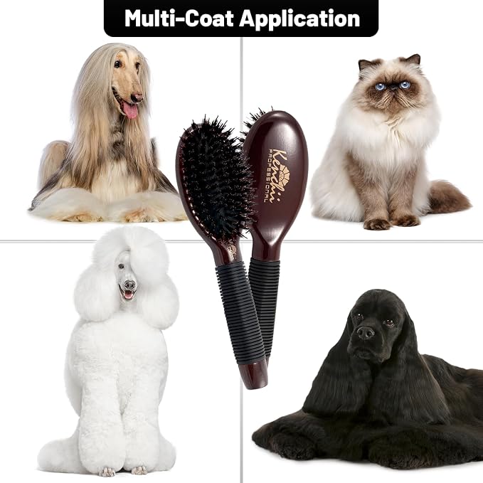 Kenchii Boar and Nylon Bristle Brush for Dog and Cat, Professional Grooming Brush with Maple Body, Lightweight, Non-Slip Rubber, Size Small
