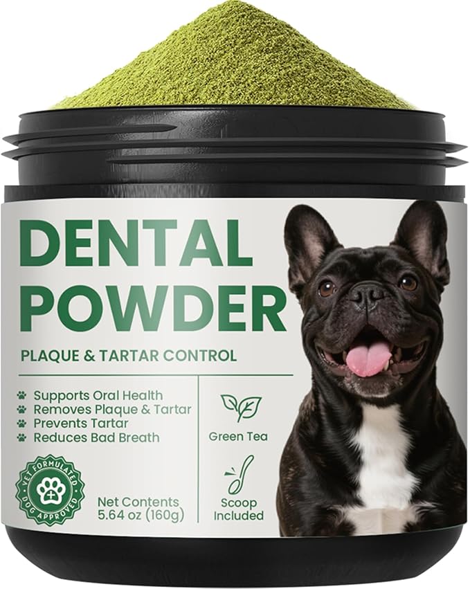 Dog & Cat Dental Powder: Ultimate Breath Freshener & Oral Care - Eliminates Bad Breath, Controls Plaque & Tartar - Enzyme & Probiotic Food Topper - Green Tea Flavor 5.64oz