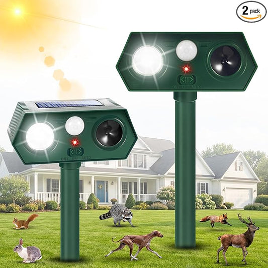 2 Pack Upgraded Solar Ultrasonic Animal Repellent Outdoor Sonic Deer Repellent Devices with Motion Sensor & Flashing Light Effective Cat, Squirrel, Raccoon, Rabbit Deterrent for Yard, Garden