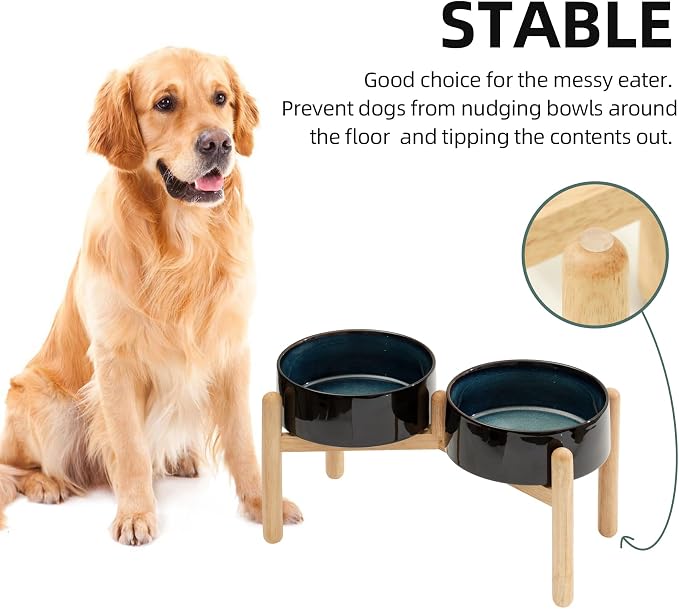 Havniva Elevated Dog Bowls Ceramic Dog Bowls with Stand, Dog Food Bowl | 8.3” Raised Dog Bowls with Non-Slip Wood Stand, Dog Food and Water Bowl Set, Double Dog Feeding Bowls for Large Dogs