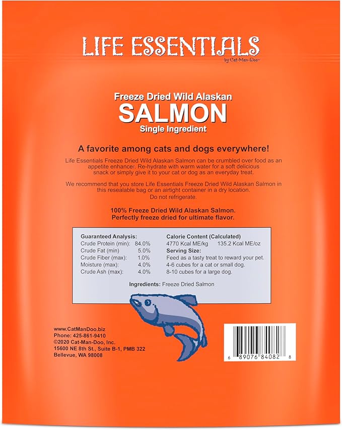 Life Essentials by Cat-Man-Doo | Salmon - 2 Pack of 5oz. Bags | Freeze Dried Salmon Cat & Dog Treats | Healthy, Single Ingredient, Training Treats, High Protein