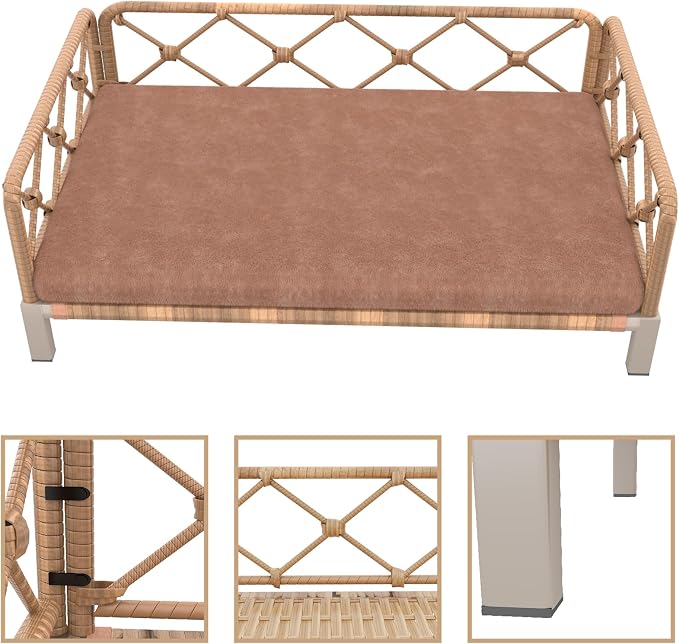Outdoor Dog Bed, Elevated Dog Couch with Removable Cushion, Waterproof Rattan Wicker Orthopedic Indoor Raised Pet Sofa for Dogs, Cats, Pets (Brown)