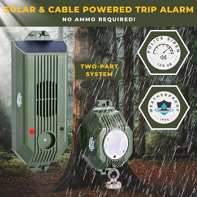 Alarme périmétrique Tactiko Wire Trip 2.0, alarme périmétrique rechargeable 129 dB – Câble de déclenchement en Kevlar de 24 m, solaire/USB, résistant aux intempéries, répulsif anti-ours pour camping, propriété, sécurité domestique (lot de 2)