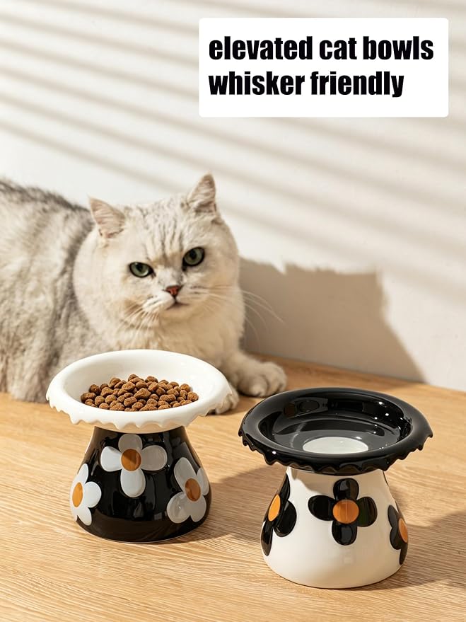 Mushroom Elevated Cat Bowls Ceramic, Cute Cat Bowls Whisker Fatigue | Raised Cat Bowl for Indoor Cats, Raised Dog Bowls Stand for Food and Water, White 5.8" Wide for Adult Cats