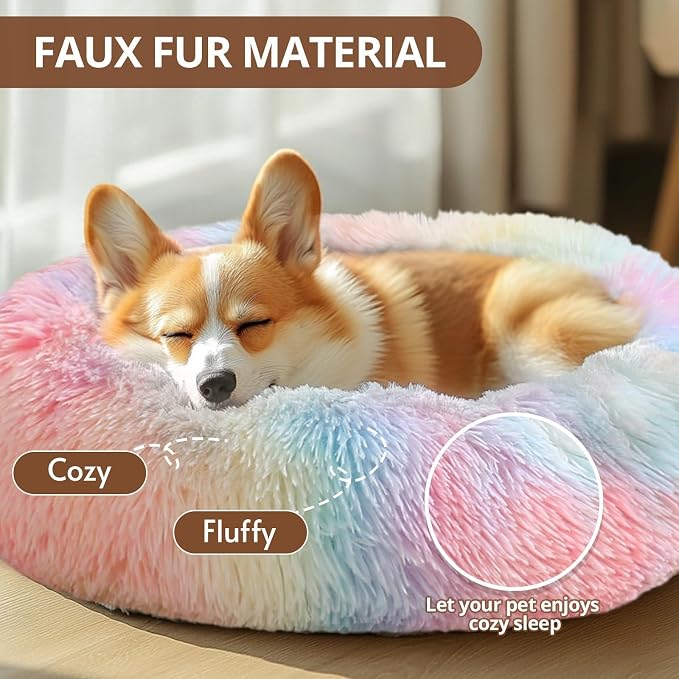 JOLLYVOGUE Calming Dog Bed Medium Size Dog, 31in Donut Washable Medium Pet Bed, Anti-Slip & Anti-Anxiety Fluffy Faux Fur Round Dogs Bed, Fits up to 45 lbs Pets (Rainbow)