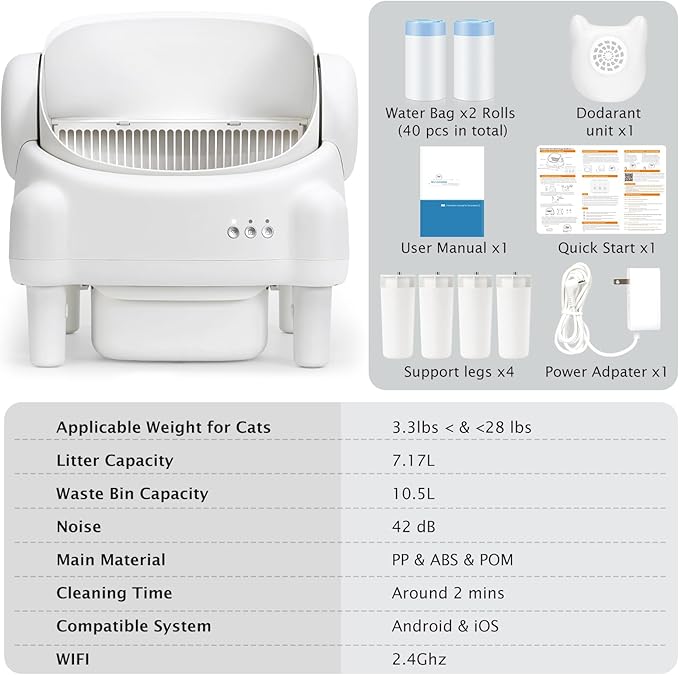 Self Cleaning Litter Box,Open Top Automatic Litter Box with App Control for Multiple Cats, Safety Sensors Protection, Odor Control Includes 2 roll Liners,Large Waste Bin, Cream White