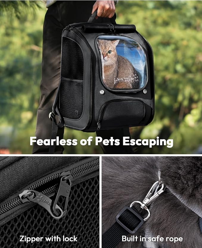 Pecute Cat Backpack Carrier,Large Space Cat Bubble Backpack,Ergonomic,Black | Sunshade Curtain,Transparent Window,Safety Rope,Sturdy,Large Mesh on Both Sides for Breathability,Suitable for Outdoor,Vet