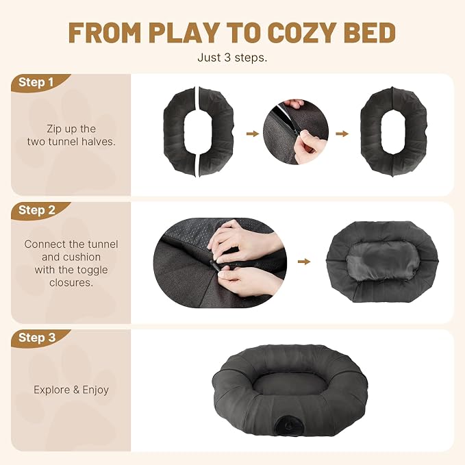 Extra Large Cat Tunnel, Cooling Natural Linen Big Tunnel for Cats 47.2in | Multi-Cat Family Long Cat Tunnel Bed with Washable Mat, Breathable & Durable Big Cat Tunnel for Cats, Dark Grey