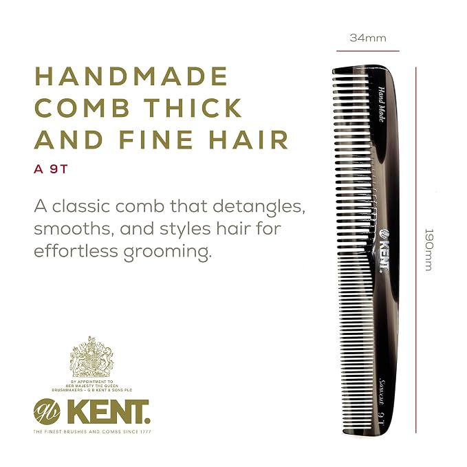 Kent 9T Graphite Fine and Wide Tooth Comb Detangler - Large Handmade and Saw-Cut Dressing Comb - Wet Hair Comb for Women and Durable Grooming Combs for Men Made in England