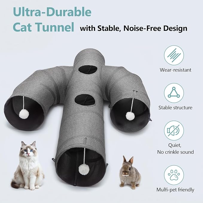 Ownpets Cactus Cat Tunnel 10" with Peek Holes for Indoor Large Cat, Grey | Durable Oxford fabric, noise-free, foldable & connectable, multi-cat friendly, tube for cats up to 20lb, includes ball & wand