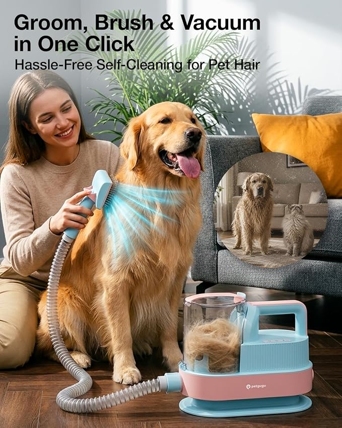 PETGUGU Dog Grooming Vacuum & Dryer for Shedding 7-in-1 Pet Clipper | All-in-One Dog Grooming Kit: vacuuming, brushing, shedding, trimming & drying. 3 adjustable temp, 2.5L dust cup, low noise.