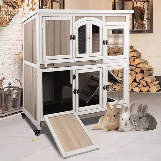 Rabbit Hutch Indoor and Outdoor 2-Story Rabbit Cage with Pull Out Tray,Fir Wood Pet House with Wooden Ramp,Waterproof Bunny Cage Indoor with 2 Asphalt Roofs,Grey (19.7" L x 42.7" W x 47.2" H-P33)