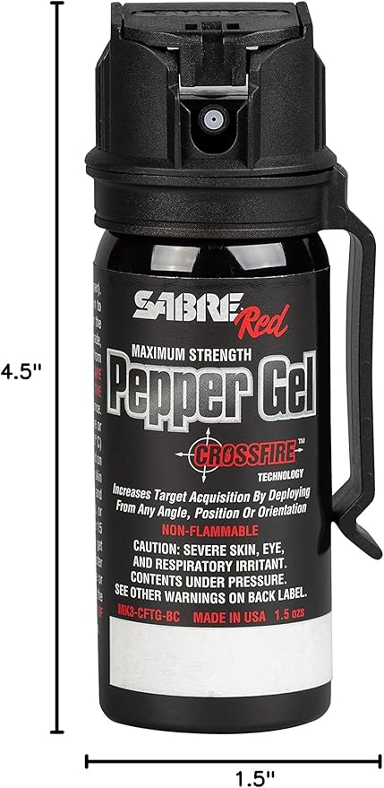 Gel poivre SABRE Crossfire, déploiement sous tous les angles, maximise l'acquisition de cible contre de multiples menaces, clip de ceinture pour un transport facile, couvercle rapide, OC puissance maximale, option spray au poivre 44 ml