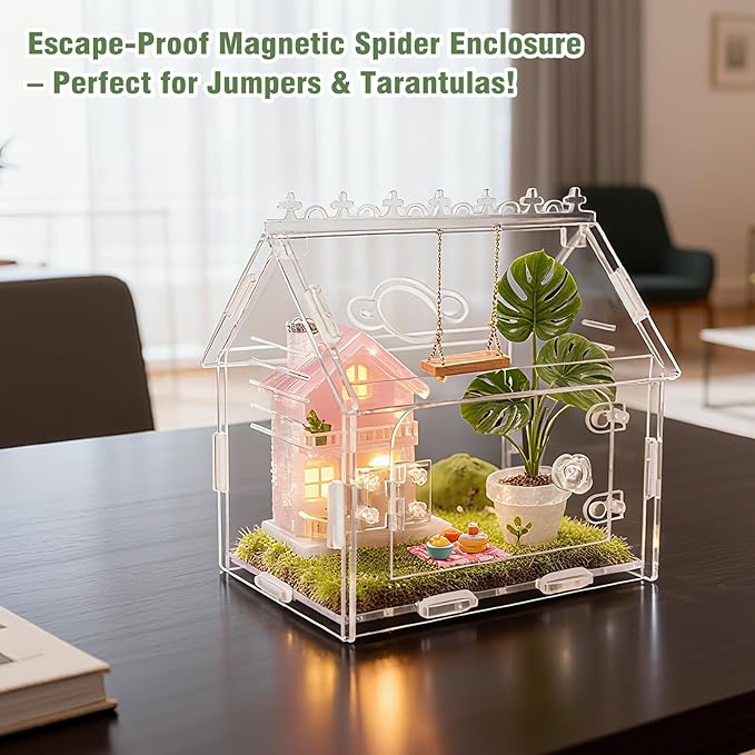 Magnetic Acrylic Spider Enclosure Kit - 5.9"x3.9"x5.1" Escape-Proof Terrarium for Jumping Spiders, Tarantulas & Mantis with Secure Magnetic Door & Ventilation
