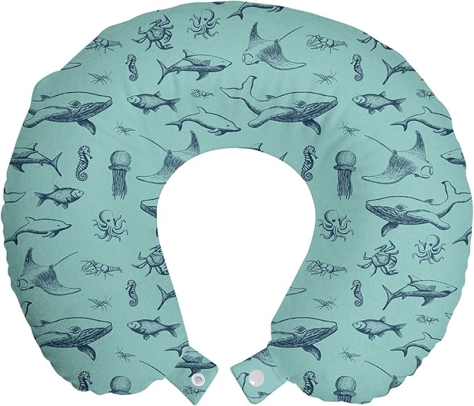Ambesonne Nautical Travel Pillow Neck Rest, Vintage Marine Style Pattern with Whale Shark Jellyfish Seahorse, Memory Foam Traveling Accessory for Airplane and Car, 12", Sky Blue