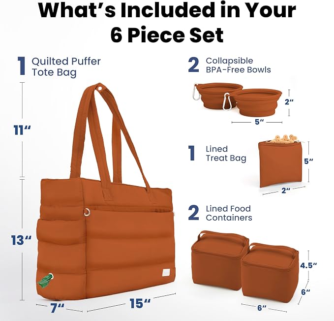 Puffer Dog Travel Bag for Dog Moms, Diaper Bag with Travel Bowls | 2 BPA-Free Collapsible Bowls, 2 Pet Food Containers, 9 Pockets, Everyday Puffer Bag Works With or Without Your Dog, Rust