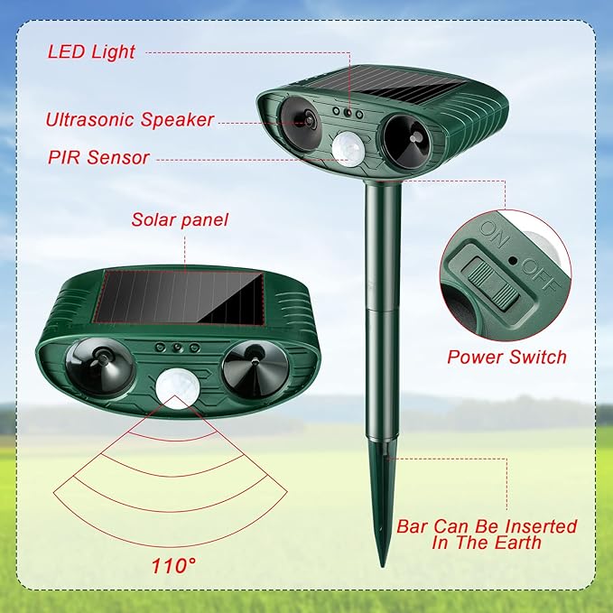 Ultrasonic Animal Repellent Outdoor Solar Powered Repeller Cat Dog Squirrels Deer Deterrent Waterproof Motion Sensor Deterrent for Yard Garden Rabbit Fox Pest (2, Green)