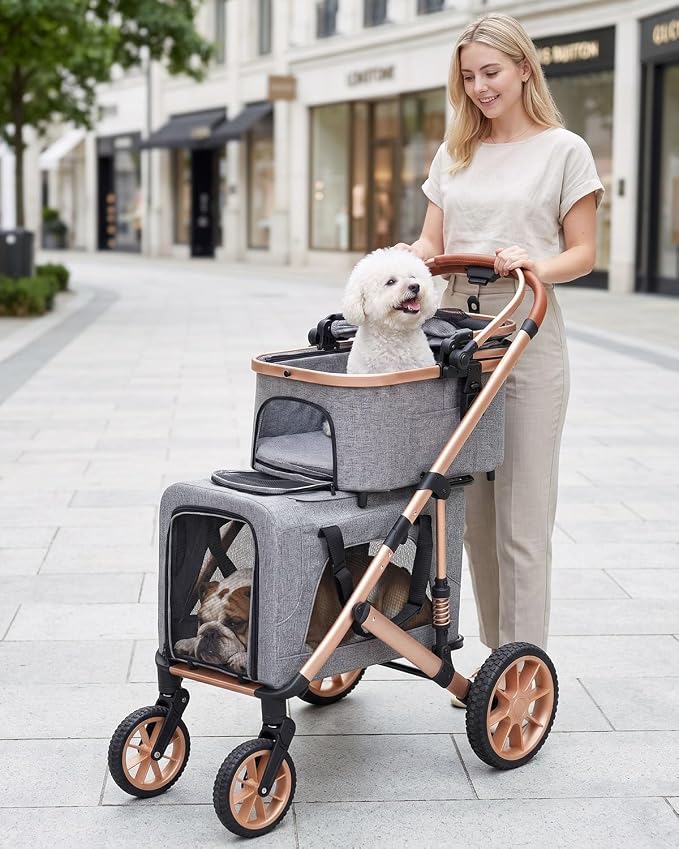 Double Pet Stroller with 2 Detachable Carriers, Shock-Absorbing | Dog & Cat Stroller for Small/Medium Pets, Convertible Car Seats, Foldable Design, 4-Wheel Smooth Ride
